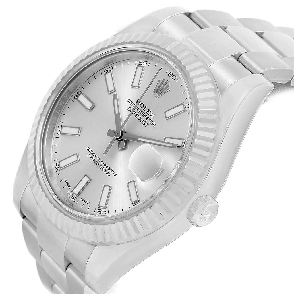 The image shows a Rolex Datejust 41 116334 Men's Stainless Steel Silver Dial 116334 Men's Stainless Steel Silver Dial watch from a slight angle, highlighting the dial, fluted bezel, and part of the bracelet.