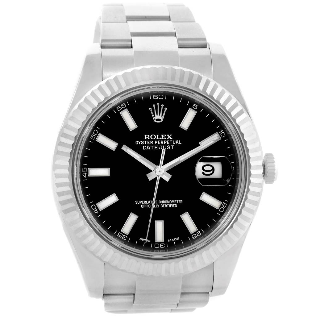 This Rolex Datejust 41 116334 Men's Stainless Steel Black Dial 116334 Men's Stainless Steel Black Dial watch is shown from the front, revealing its face, bezel, and part of the bracelet.