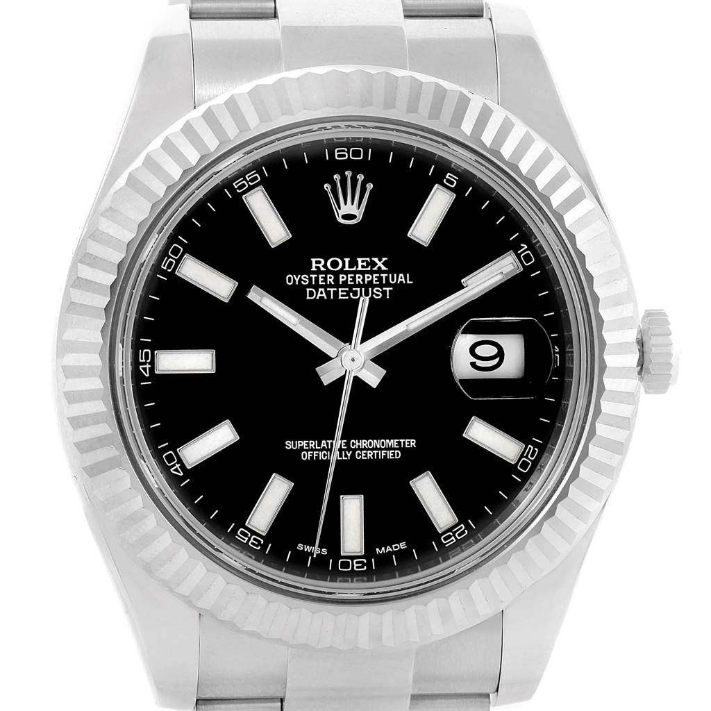 The image shows a front-angle view of the Rolex Datejust 41 116334 Men's Stainless Steel Black Dial 116334 Men's Stainless Steel Black Dial watch, featuring its black dial, date window, and fluted bezel.