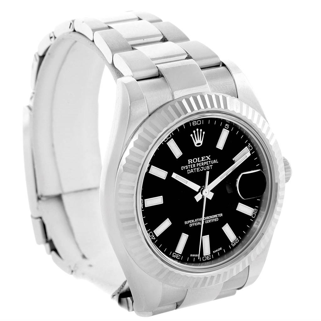 The image shows a Rolex Datejust 41 116334 Men's Stainless Steel Black Dial 116334 Men's Stainless Steel Black Dial model watch at a 3/4 angle displaying its face, bezel, and part of the bracelet.