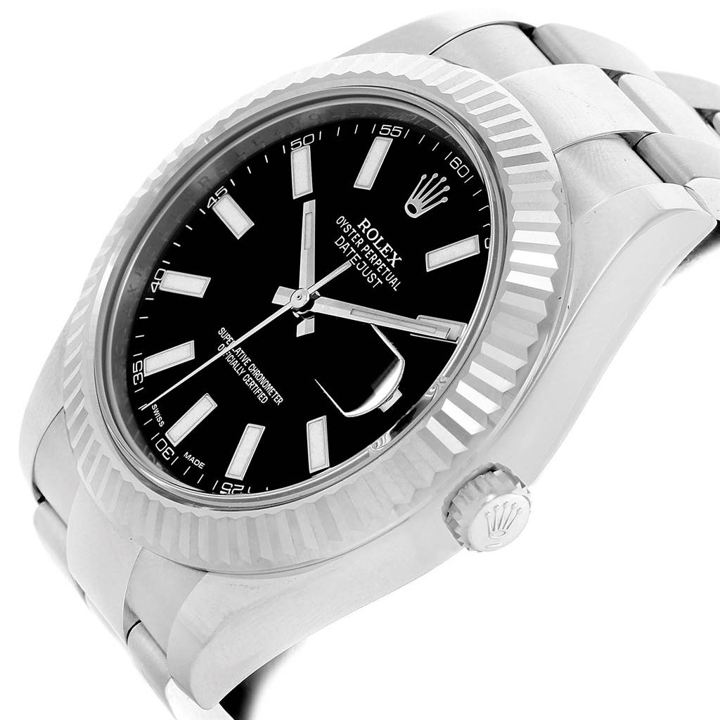 This image shows a Rolex Datejust 41 116334 Men's Stainless Steel Black Dial 116334 Men's Stainless Steel Black Dial watch from an angled top view, highlighting the face, bezel, and part of the bracelet.