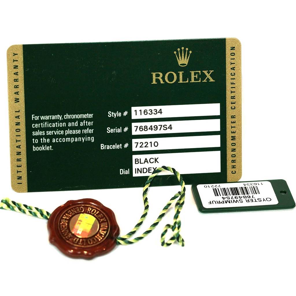The image shows the warranty card and tags for the Rolex Datejust 41 116334 Men's Stainless Steel Black Dial 116334 Men's Stainless Steel Black Dial model, detailing the watch's specifications.