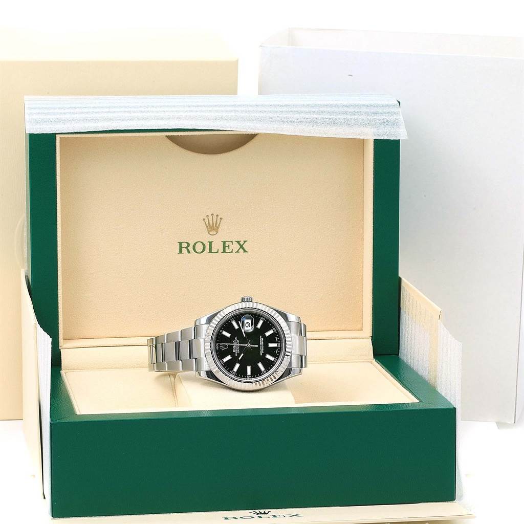 The image shows a Rolex Datejust 41 116334 Men's Stainless Steel Black Dial 116334 Men's Stainless Steel Black Dial watch at a front angle, displayed in its opened box.