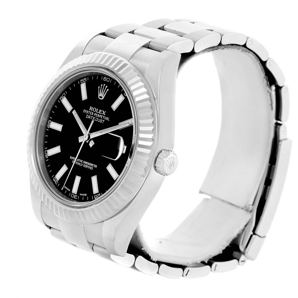 The Rolex Datejust 41 116334 Men's Stainless Steel Black Dial 116334 Men's Stainless Steel Black Dial is shown at an angled side view, highlighting the dial, bezel, crown, and bracelet.
