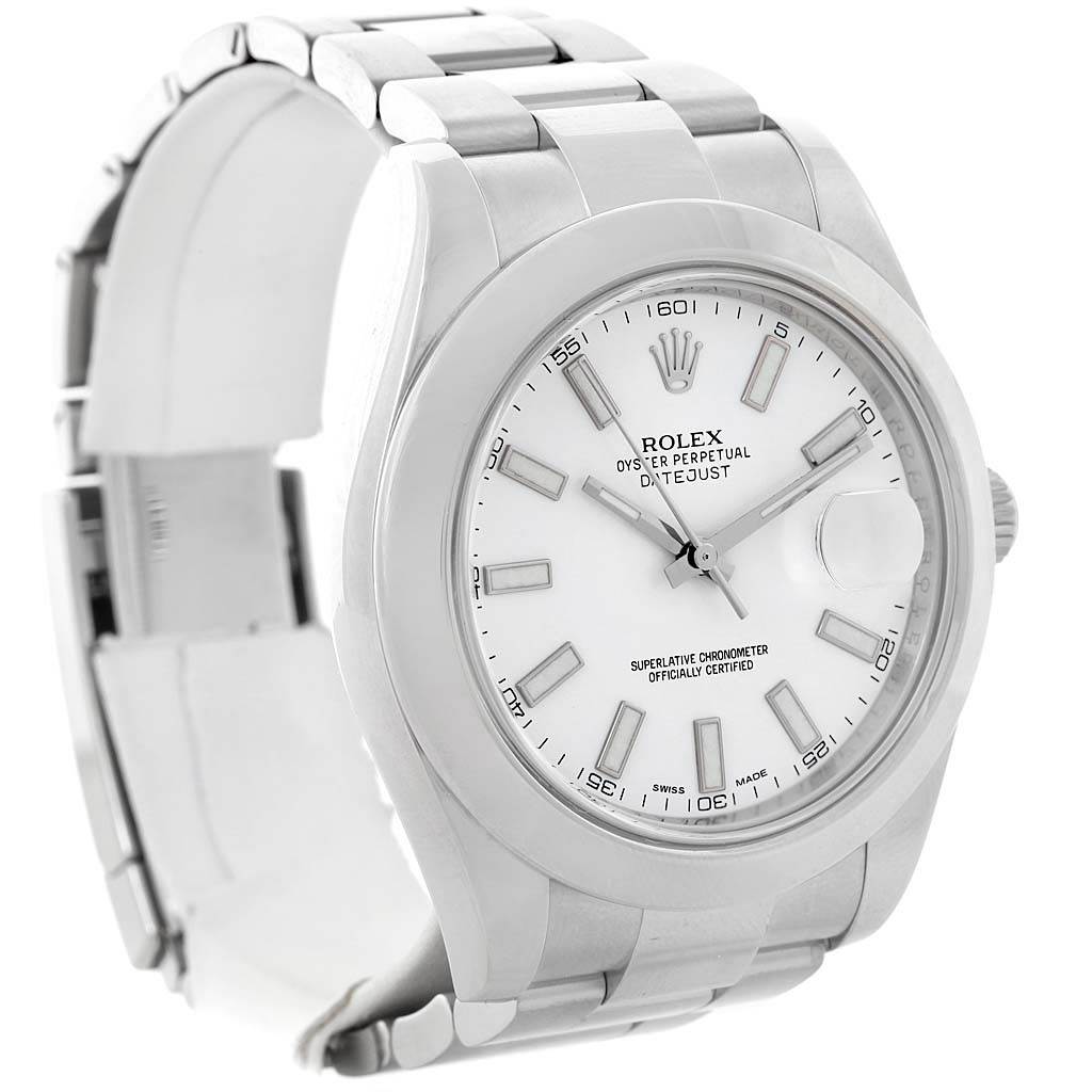 The Rolex Datejust 41 116300 Men's Stainless Steel White Dial 116300 Men's Stainless Steel White Dial watch is shown at a three-quarter angle, displaying its dial, bracelet, and case.