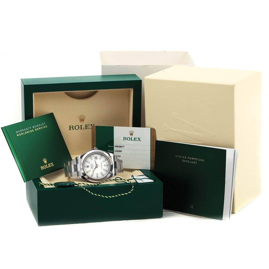 The image shows the Rolex Datejust 41 116300 Men's Stainless Steel White Dial 116300 Men's Stainless Steel White Dial model watch with its box, warranty booklet, card, and instruction manual.