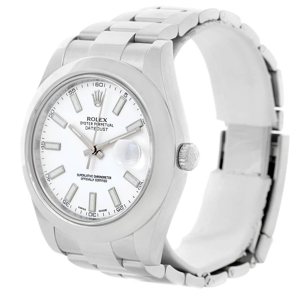 The Rolex Datejust 41 116300 Men's Stainless Steel White Dial 116300 Men's Stainless Steel White Dial model is shown at a slight angle, highlighting the dial, bezel, crown, and part of the bracelet.