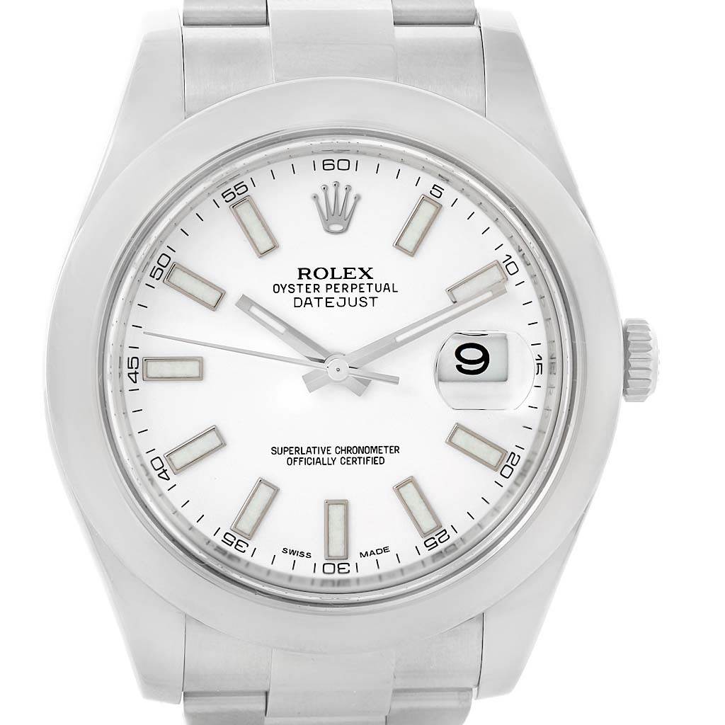 The Rolex Datejust 41 116300 Men's Stainless Steel White Dial 116300 Men's Stainless Steel White Dial watch is shown from a front angle, displaying the dial, hands, date, and part of the bracelet.