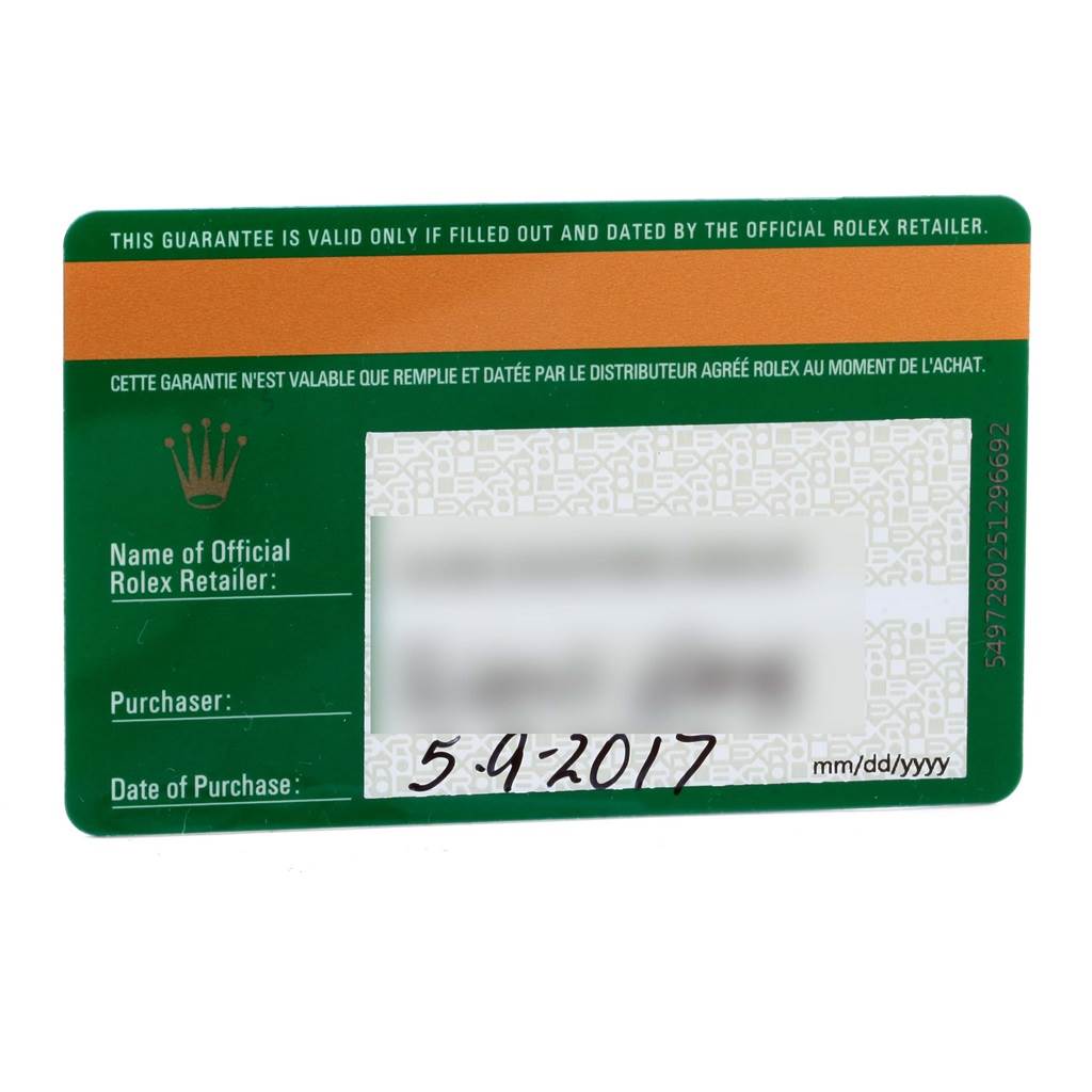 The image shows a green official warranty card for a Rolex Datejust 41 116300 Men's Stainless Steel White Dial 116300 Men's Stainless Steel White Dial, containing purchase details and a date.