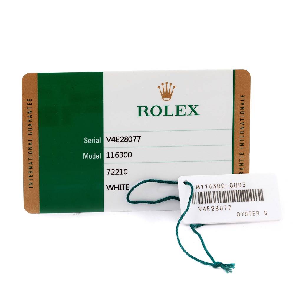 This image shows the warranty card and tag for a Rolex Datejust 41 116300 Men's Stainless Steel White Dial 116300 Men's Stainless Steel White Dial model.