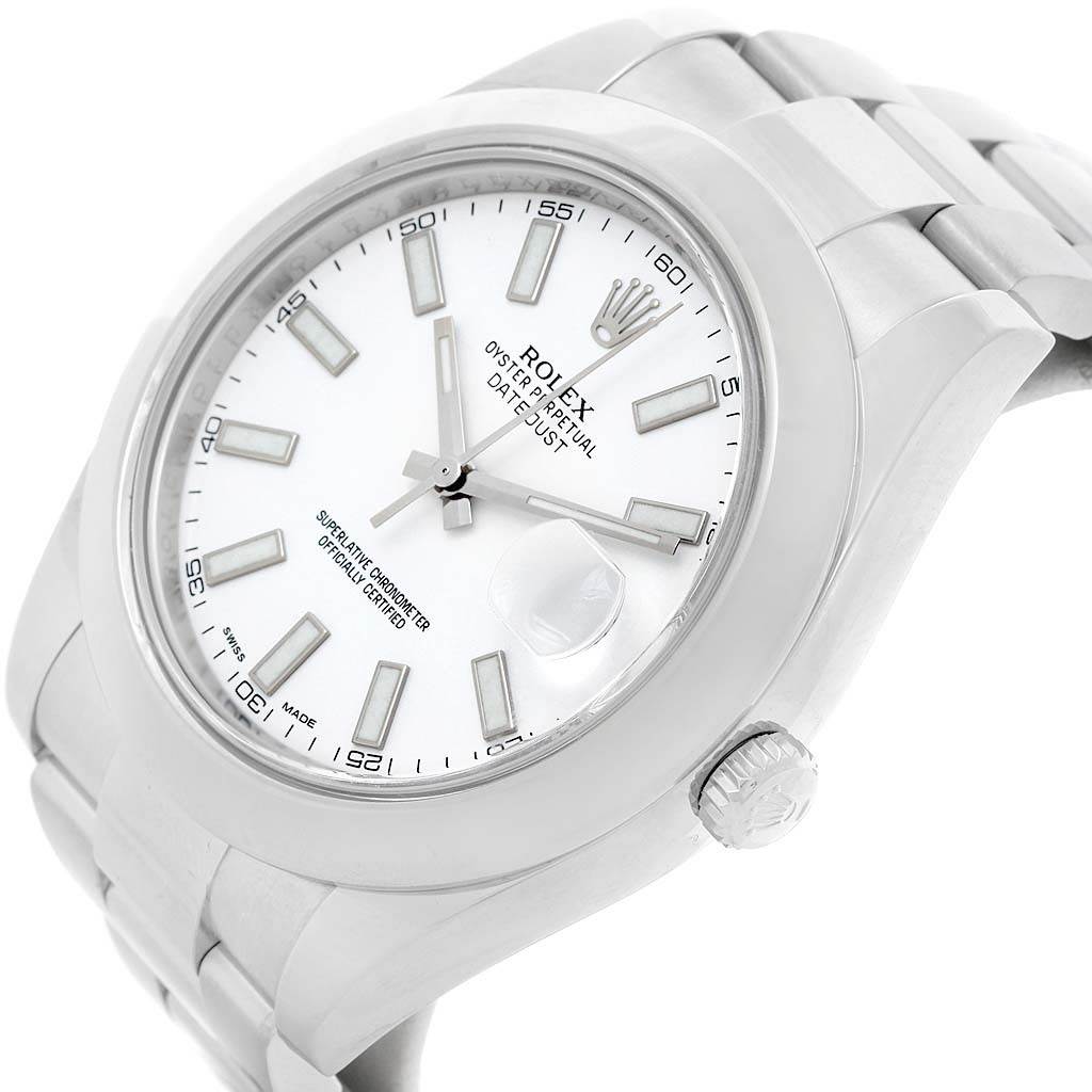 This image shows a Rolex Datejust 41 116300 Men's Stainless Steel White Dial 116300 Men's Stainless Steel White Dial model watch at a slight angle, detailing the dial, bezel, and part of the bracelet.