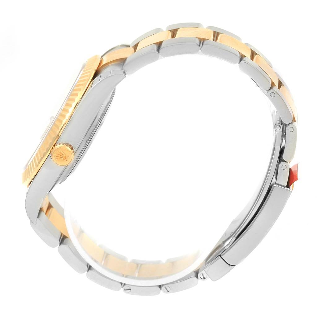 The image shows a side view of a Rolex Datejust 41 126333 Men's Steel and Gold (two tone) Silver Dial 126333 Men's Steel and Gold (two tone) Silver Dial, highlighting the crown, bezel, and bracelet.