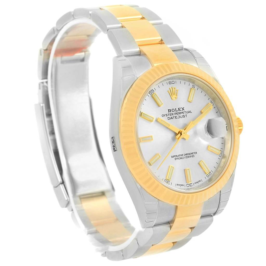 The Rolex Datejust 41 126333 Men's Steel and Gold (two tone) Silver Dial 126333 Men's Steel and Gold (two tone) Silver Dial watch is shown from a three-quarter angle, displaying the face, bezel, and part of the bracelet.