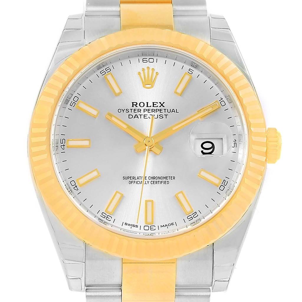 The image shows the front view of a Rolex Datejust 41 126333 Men's Steel and Gold (two tone) Silver Dial 126333 Men's Steel and Gold (two tone) Silver Dial, featuring its dial, hands, date window, and bezel.