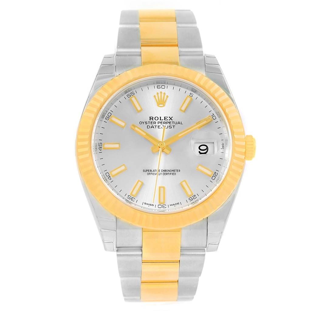 This image shows a frontal view of a Rolex Datejust 41 126333 Men's Steel and Gold (two tone) Silver Dial 126333 Men's Steel and Gold (two tone) Silver Dial, highlighting the dial, bezel, and bracelet.