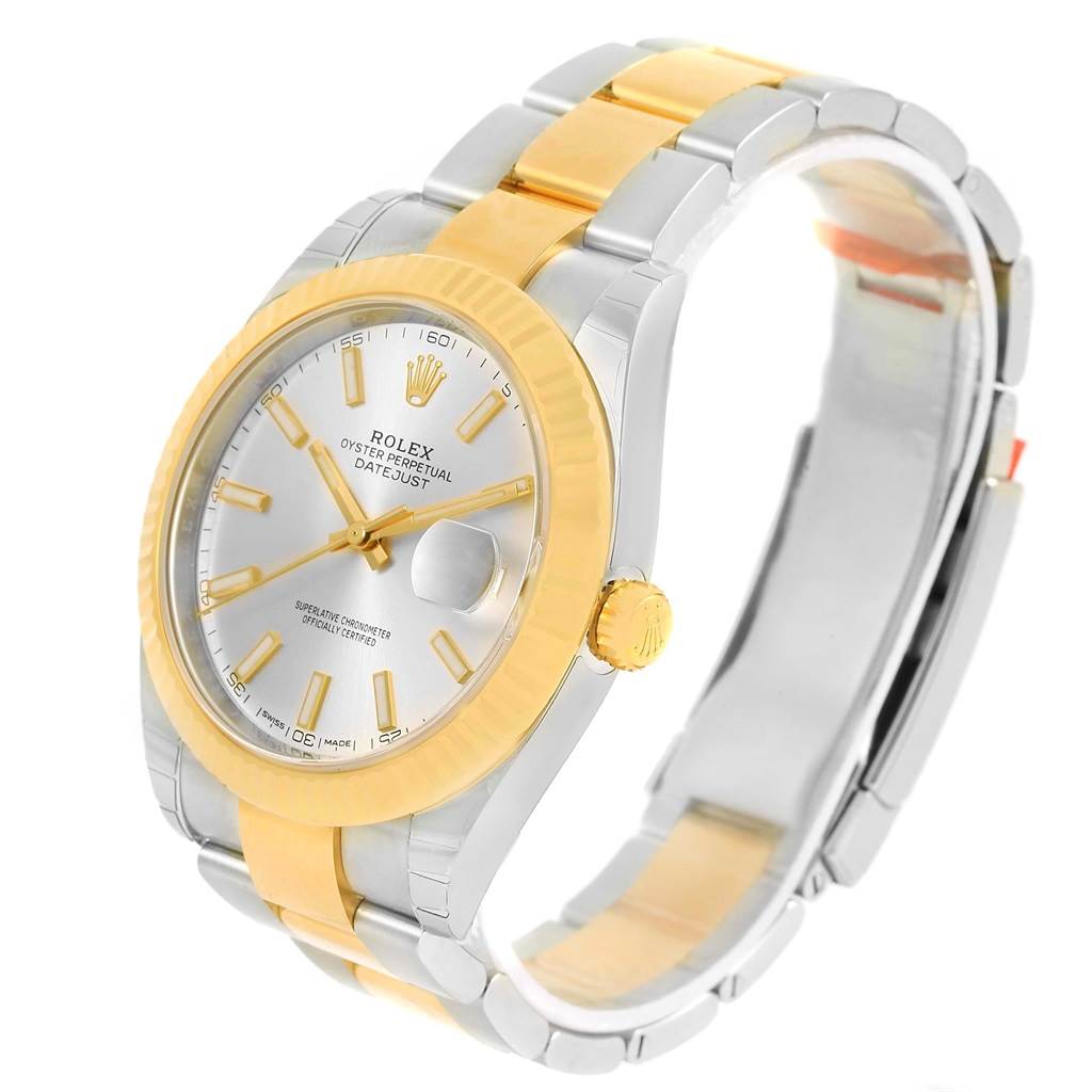The Rolex Datejust 41 126333 Men's Steel and Gold (two tone) Silver Dial 126333 Men's Steel and Gold (two tone) Silver Dial watch is shown at a three-quarter angle, showcasing its face, bezel, crown, and two-tone bracelet.
