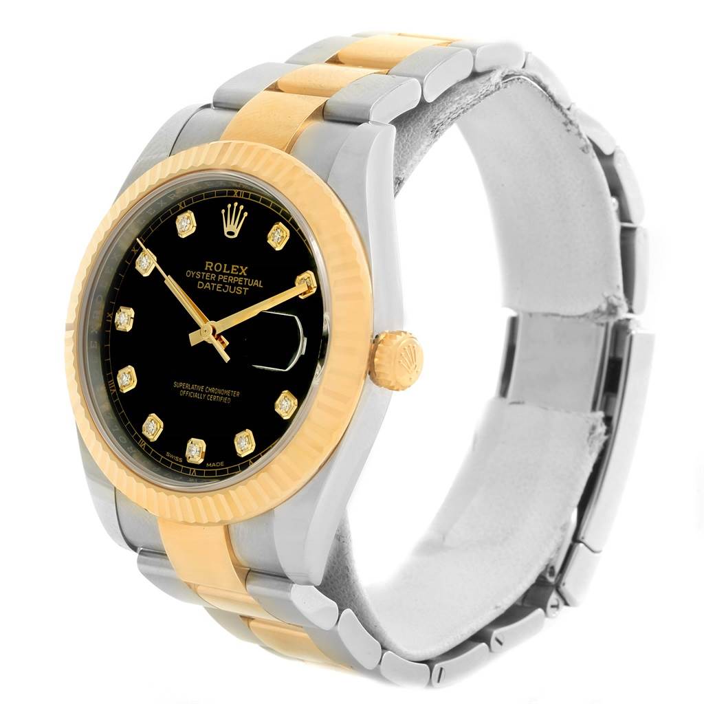The image shows a Rolex Datejust 41 126333 Men's Steel and Gold (two tone) Black Dial 126333 Men's Steel and Gold (two tone) Black Dial model watch from a three-quarter angle, highlighting the dial, bezel, and bracelet.