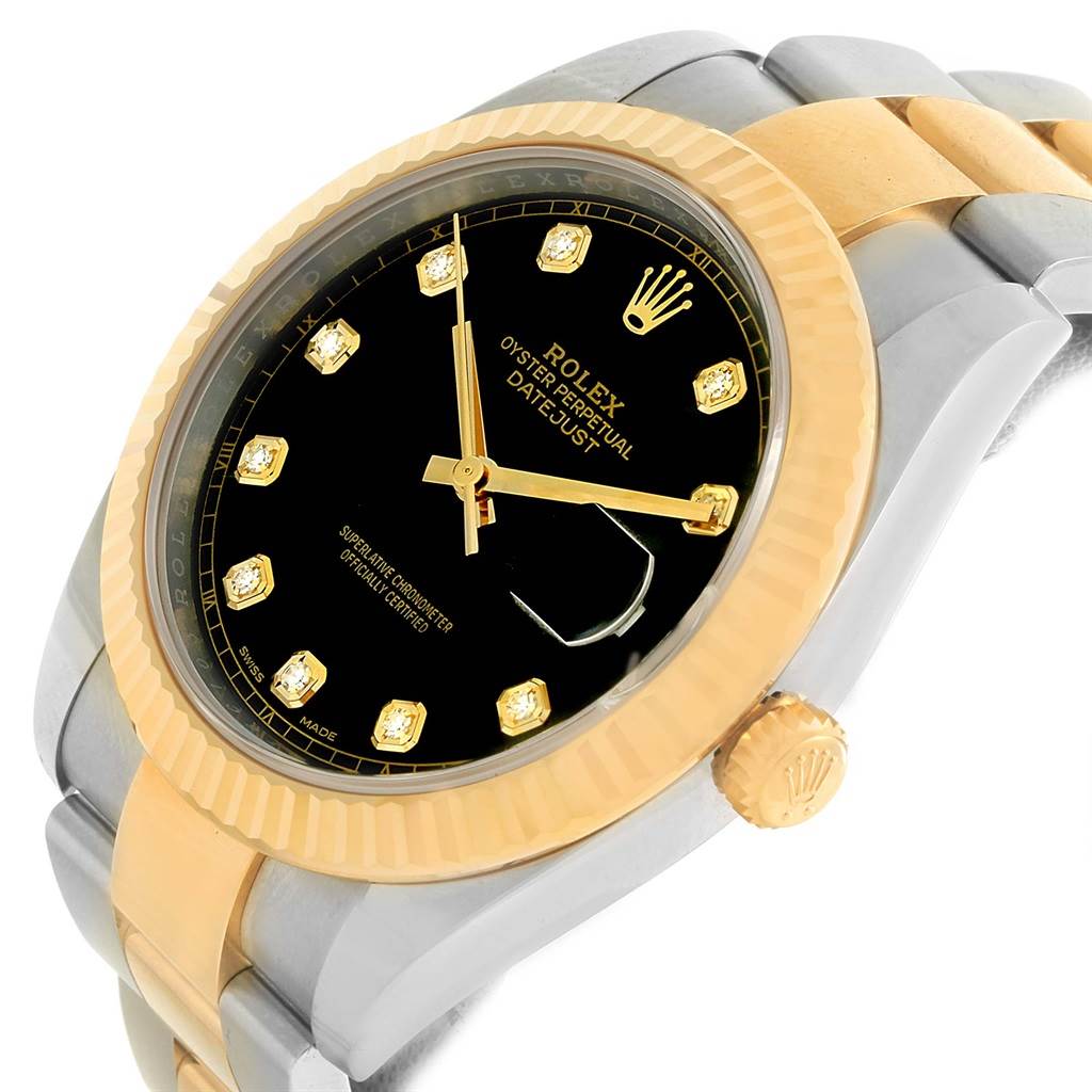 The image shows a Rolex Datejust 41 126333 Men's Steel and Gold (two tone) Black Dial 126333 Men's Steel and Gold (two tone) Black Dial watch at an oblique angle, highlighting its black dial, gold bezel, and part of the bracelet.
