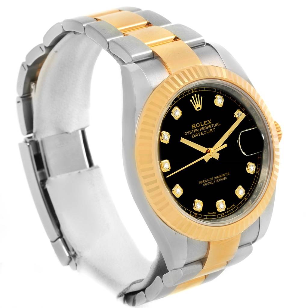 This image shows a Rolex Datejust 41 126333 Men's Steel and Gold (two tone) Black Dial 126333 Men's Steel and Gold (two tone) Black Dial watch at a slight left-side angle, highlighting its two-tone band, black dial, and diamond hour markers.