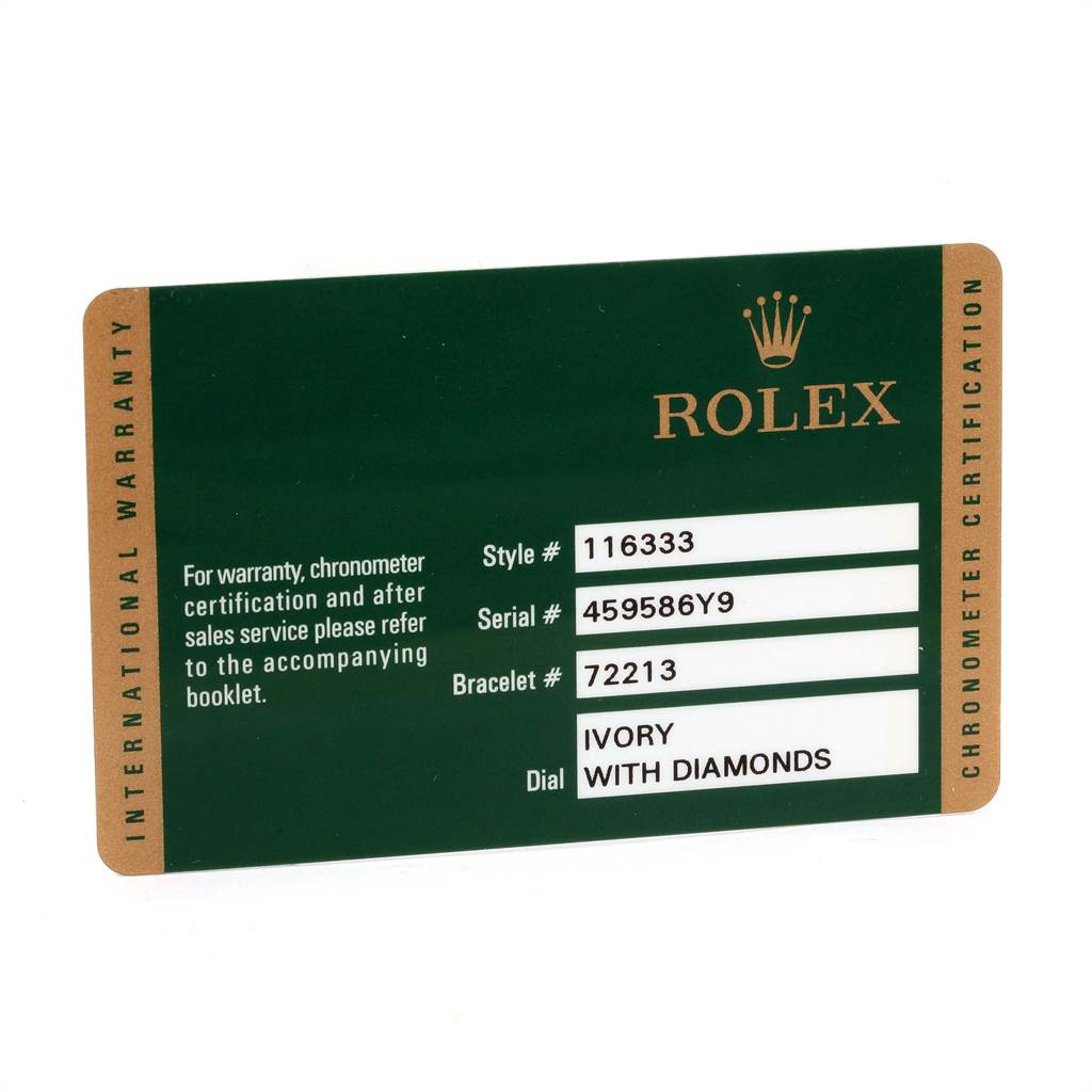 The image shows an international warranty card for a Rolex Datejust 41 116333 Men's Steel and Gold (two tone) Beige Dial 116333 Men's Steel and Gold (two tone) Beige Dial model, detailing the style, serial, bracelet number, and dial features.