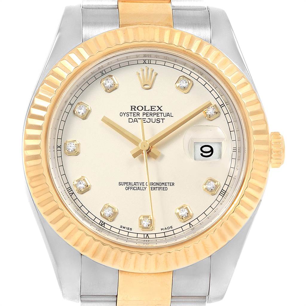 The image shows a front angle of the Rolex Datejust 41 116333 Men's Steel and Gold (two tone) Beige Dial 116333 Men's Steel and Gold (two tone) Beige Dial, highlighting the dial, fluted bezel, and part of the bracelet.