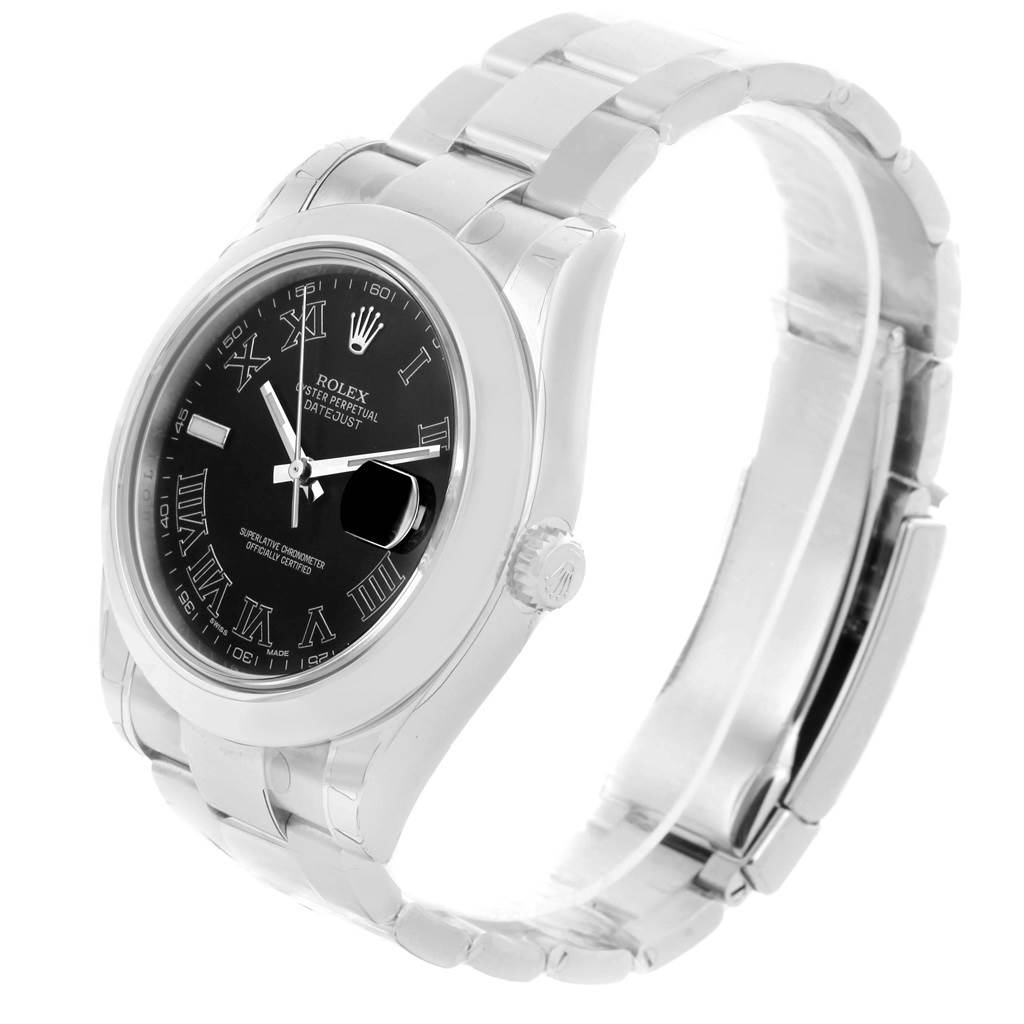 The image shows a side angle view of a Rolex Datejust 41 116300 Men's Stainless Steel Grey Dial 116300 Men's Stainless Steel Grey Dial watch with a black dial and Roman numerals.