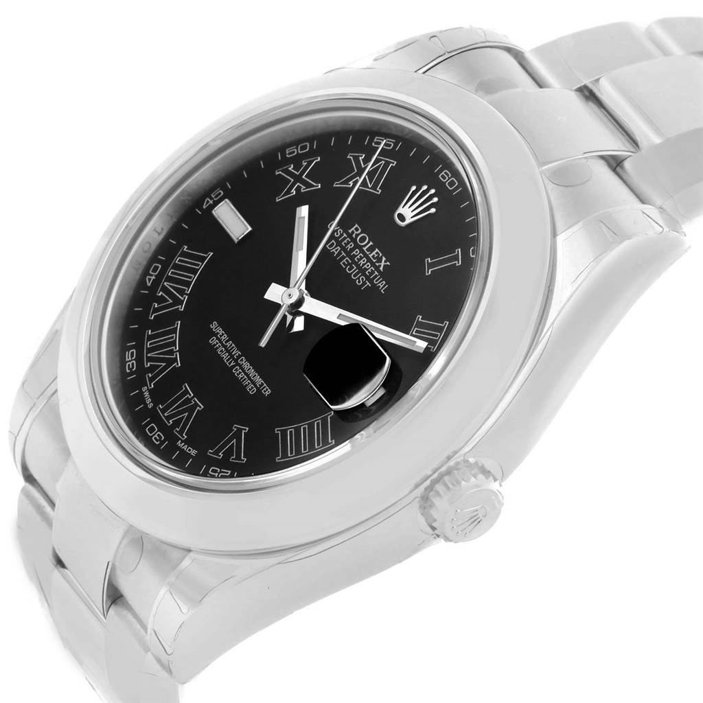 This image shows a Rolex Datejust 41 116300 Men's Stainless Steel Grey Dial 116300 Men's Stainless Steel Grey Dial watch at a tilted angle, highlighting its dial, bezel, crown, and bracelet.