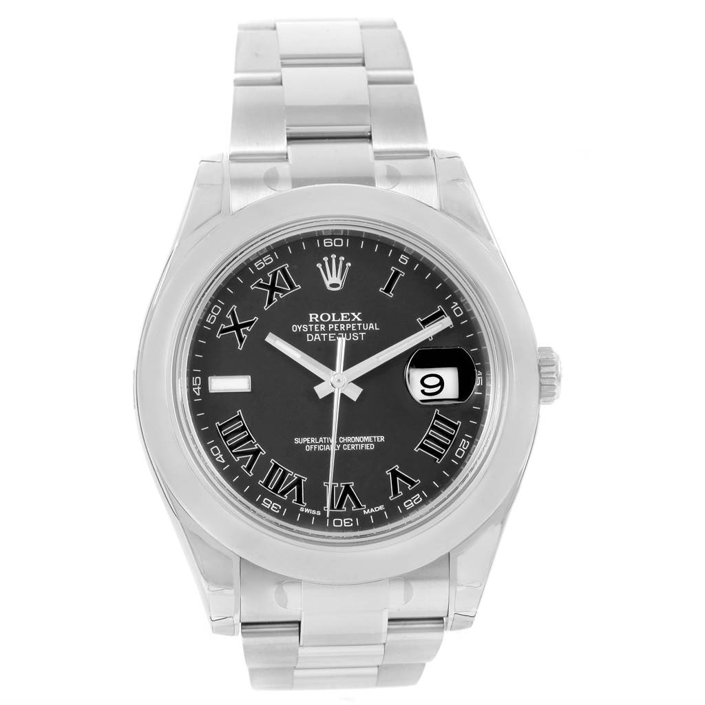 This is a front view of a Rolex Datejust 41 116300 Men's Stainless Steel Grey Dial 116300 Men's Stainless Steel Grey Dial watch, showing the dial, case, crown, and part of the bracelet.