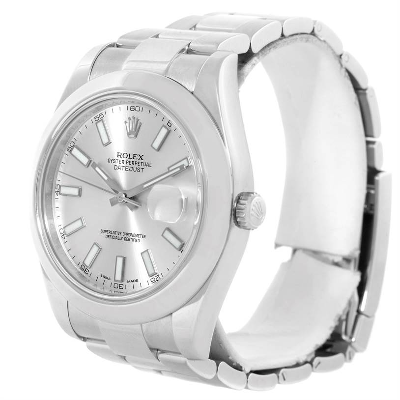 The Rolex Datejust 41 116300 Men's Stainless Steel Silver Dial 116300 Men's Stainless Steel Silver Dial watch is shown from a front angle, displaying the dial, bezel, and part of the bracelet.
