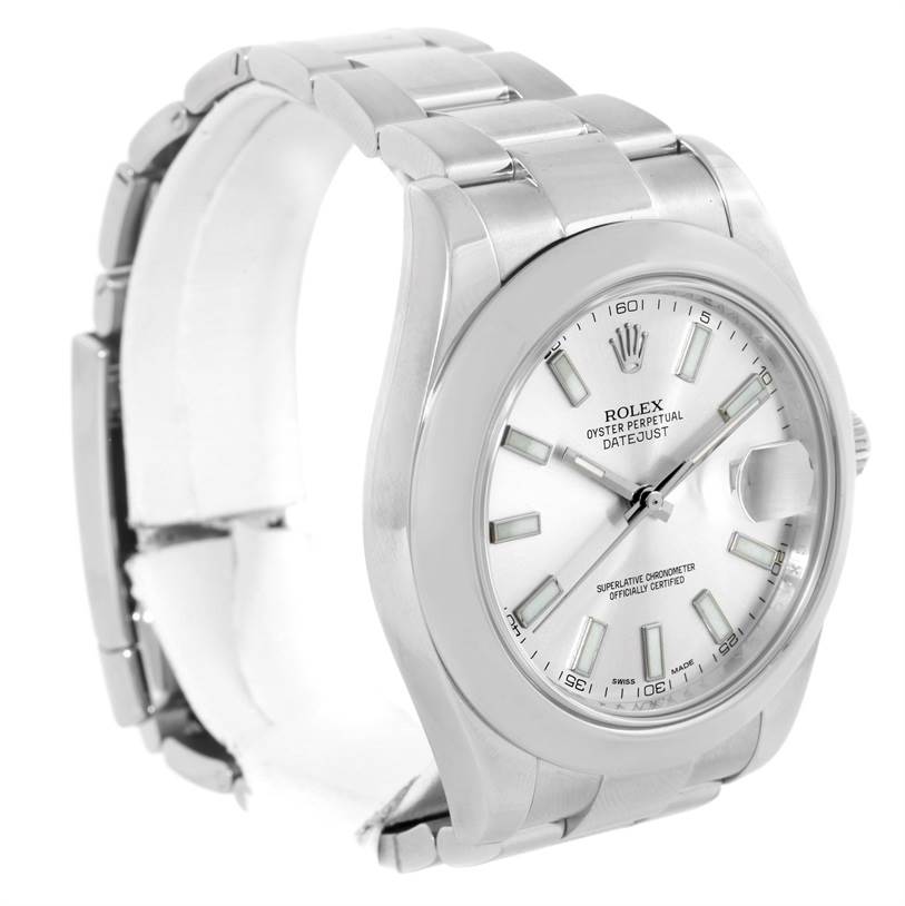 This is a Rolex Datejust 41 116300 Men's Stainless Steel Silver Dial 116300 Men's Stainless Steel Silver Dial watch shown at a slight side angle, highlighting its dial, bezel, and bracelet.