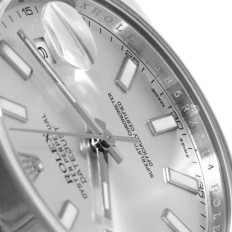 The image shows a close-up of the Rolex Datejust 41 116300 Men's Stainless Steel Silver Dial 116300 Men's Stainless Steel Silver Dial model, highlighting the dial, date window with cyclops lens, and part of the bezel.