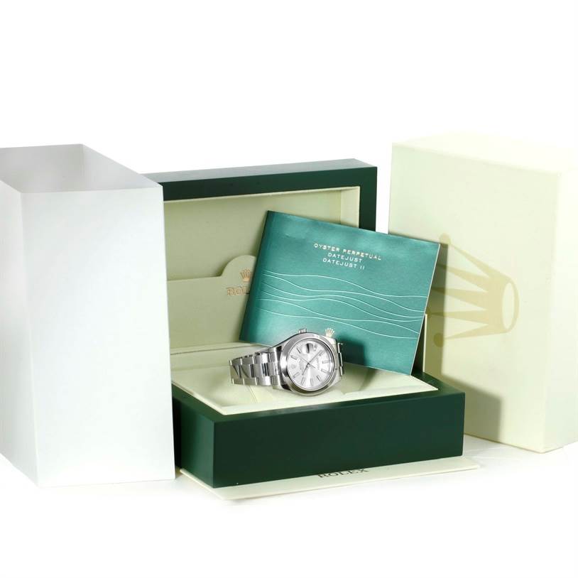 This image shows a Rolex Datejust 41 116300 Men's Stainless Steel Silver Dial 116300 Men's Stainless Steel Silver Dial watch in its open box with accompanying booklet, viewed from a slightly oblique angle.