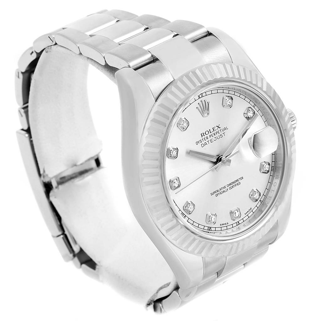 The image shows a Rolex Datejust 41 116334 Men
s Stainless Steel Silver Dial 116334 Men
s Stainless Steel Silver Dial model watch angled from the front left, highlighting the dial, bezel, and bracelet.