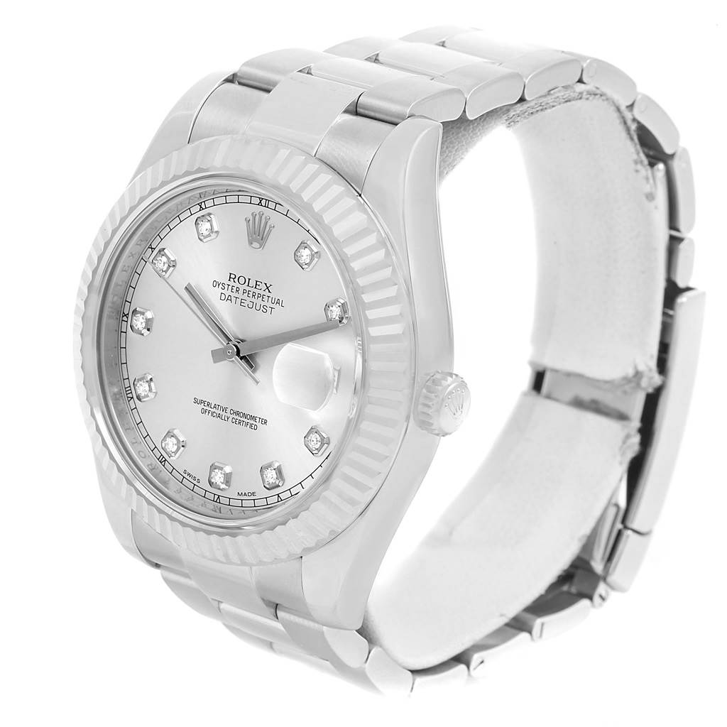 The Rolex Datejust 41 116334 Men
s Stainless Steel Silver Dial 116334 Men
s Stainless Steel Silver Dial watch is shown at an angled front view, highlighting the face, bezel, case, and part of the bracelet.