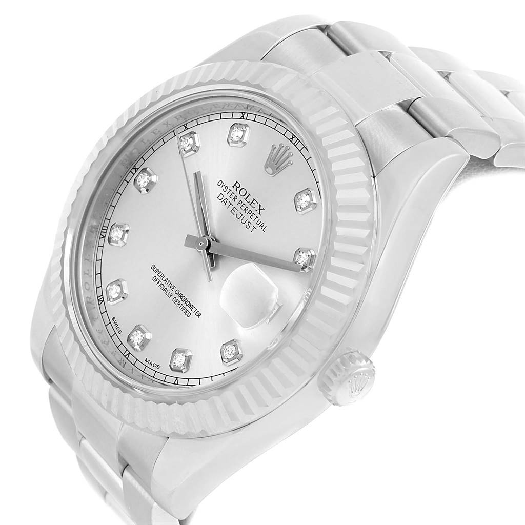 The image shows a close-up angled view of the Rolex Datejust 41 116334 Men
s Stainless Steel Silver Dial 116334 Men
s Stainless Steel Silver Dial model, highlighting the face, bezel, and part of the bracelet.