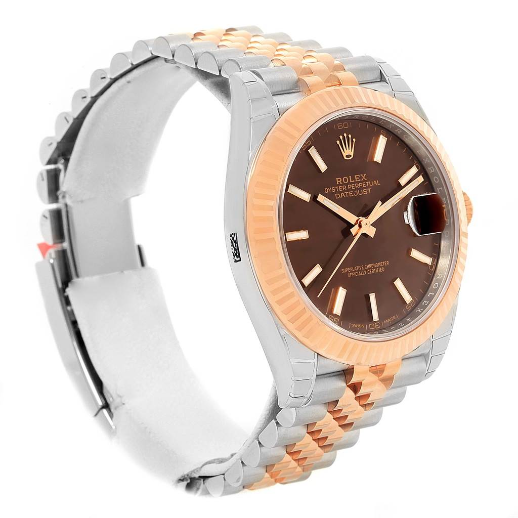 This image shows a three-quarter view of the Rolex Datejust 41 126331 Men's Steel and Gold (two tone) Brown Dial 126331 Men's Steel and Gold (two tone) Brown Dial watch, highlighting its two-tone bracelet, case, and brown dial.