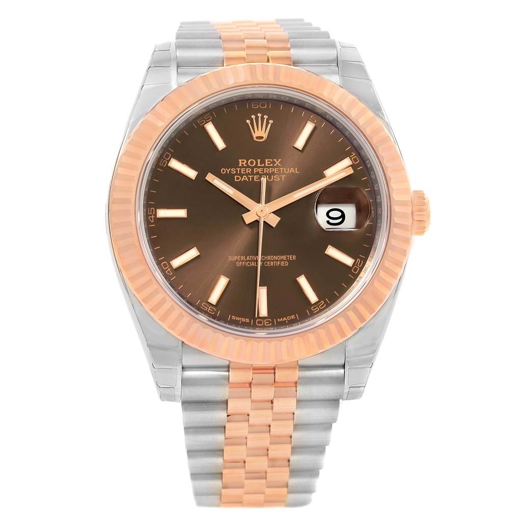 This Rolex Datejust 41 126331 Men's Steel and Gold (two tone) Brown Dial 126331 Men's Steel and Gold (two tone) Brown Dial watch is shown from the front, displaying the dial, bezel, and Jubilee bracelet.