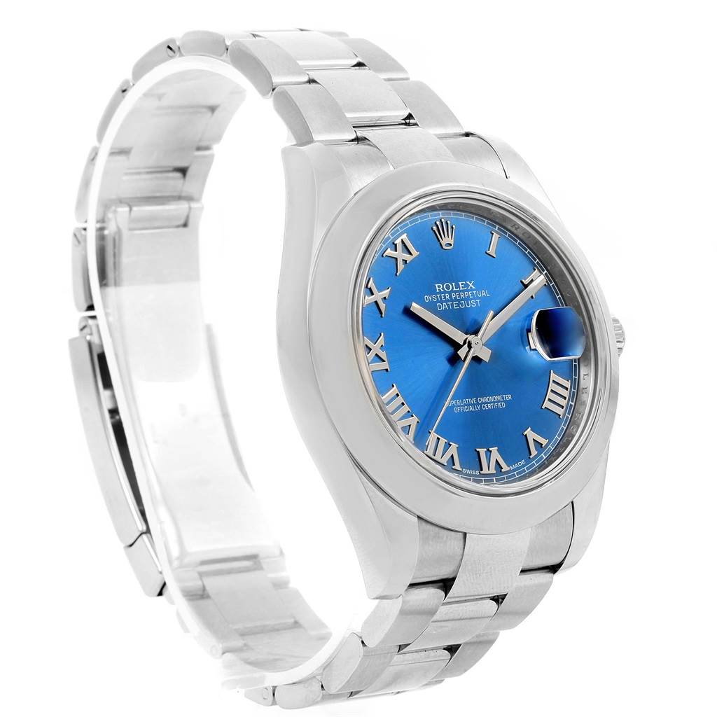 The Rolex Datejust 41 116300 Men's Stainless Steel Blue Dial 116300 Men's Stainless Steel Blue Dial watch is shown at a slight angled view highlighting the blue dial, bezel, and stainless steel bracelet.