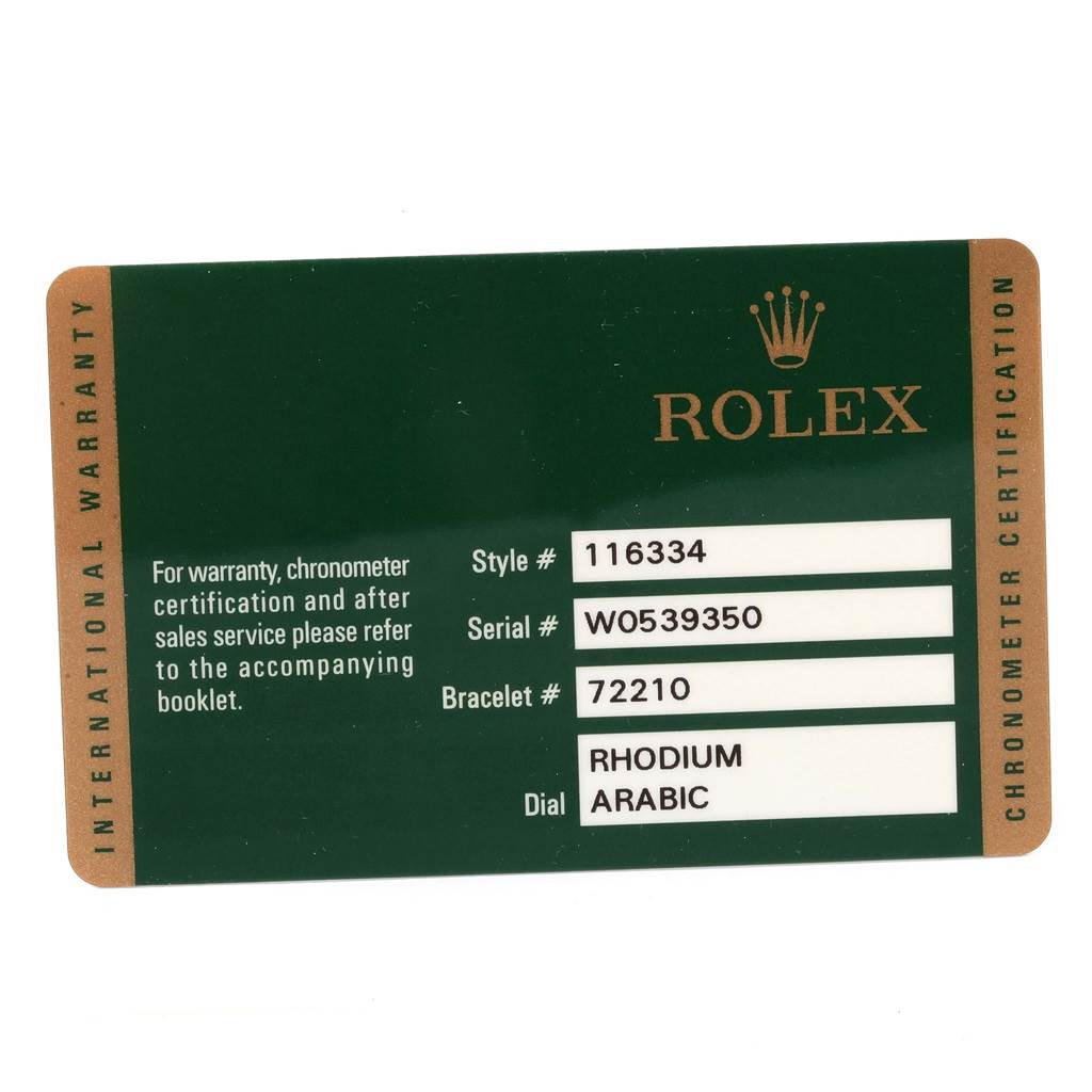This image shows a warranty card for a Rolex Datejust 41 116334 Men's Stainless Steel Grey Dial 116334 Men's Stainless Steel Grey Dial model, detailing style, serial, bracelet, and dial information.