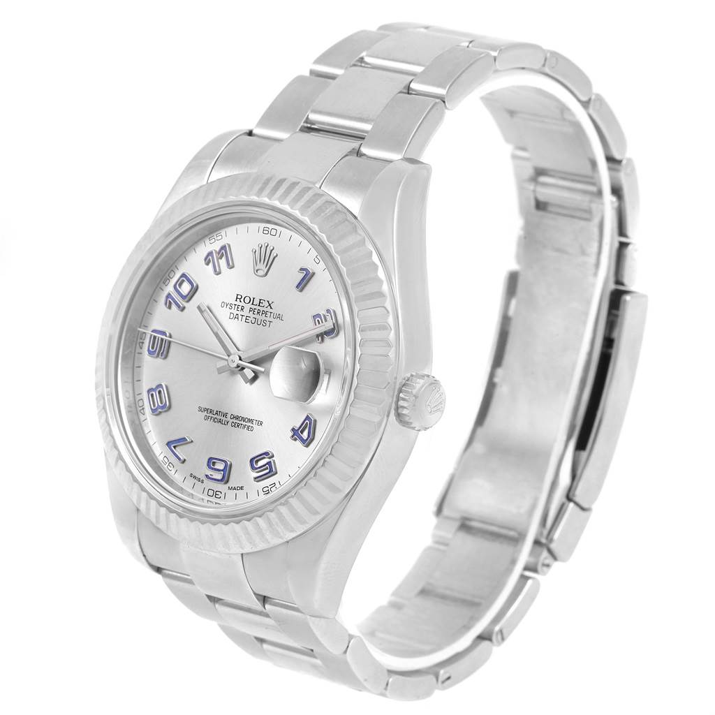 The image shows a Rolex Datejust 41 116334 Men's Stainless Steel Grey Dial 116334 Men's Stainless Steel Grey Dial watch at an angled side view, displaying the dial, bezel, and stainless steel bracelet.