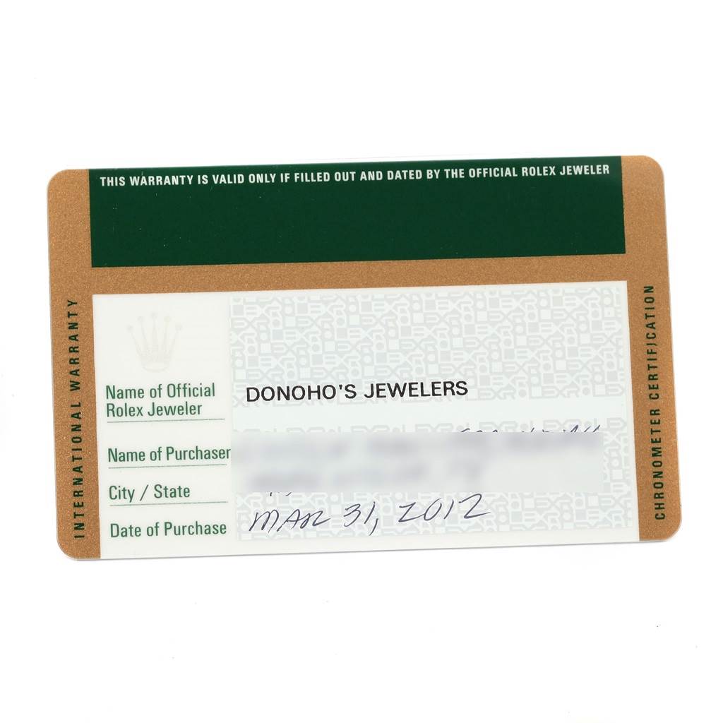 This image shows the warranty card for a Rolex Datejust 41 116334 Men's Stainless Steel Grey Dial 116334 Men's Stainless Steel Grey Dial watch, detailing the jeweler, purchaser, and purchase date.