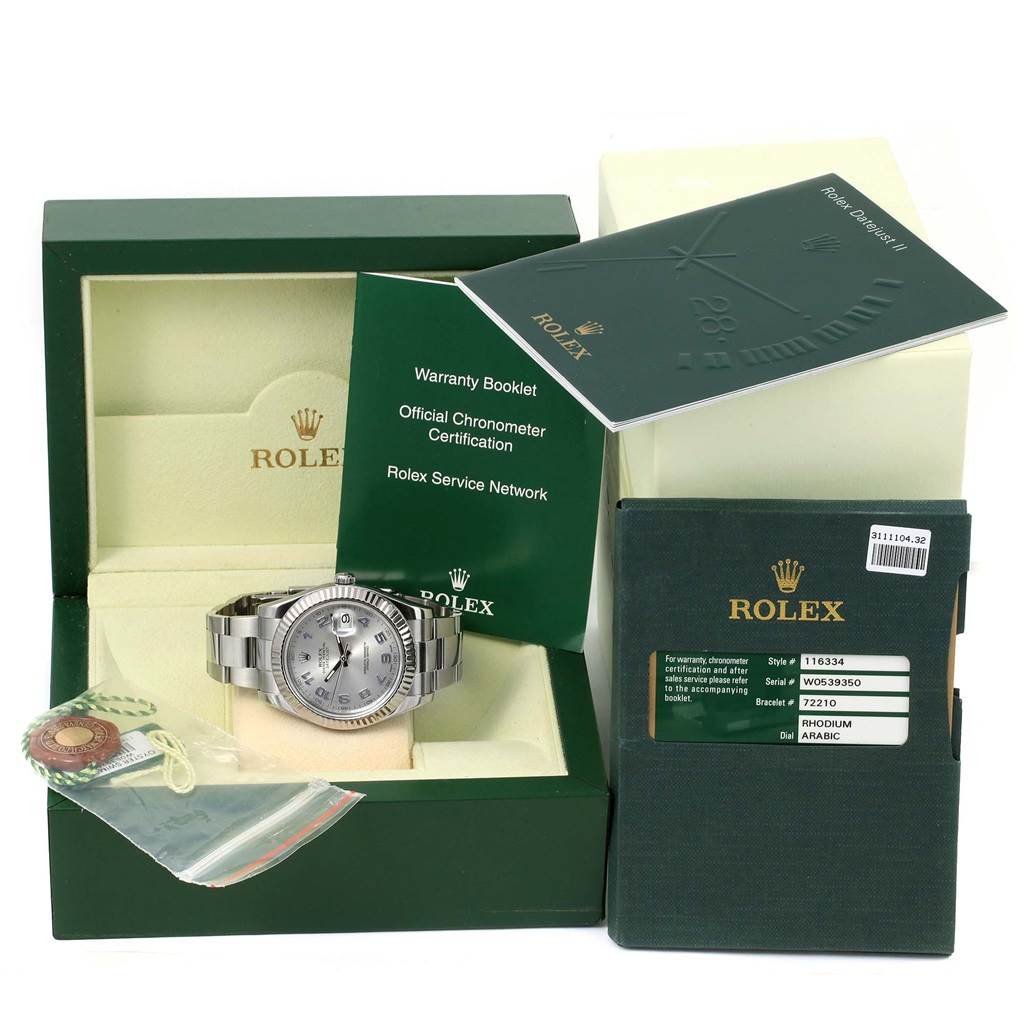 The image shows a Rolex Datejust 41 116334 Men's Stainless Steel Grey Dial 116334 Men's Stainless Steel Grey Dial with the original box, warranty booklet, chronometer certification, and tags.