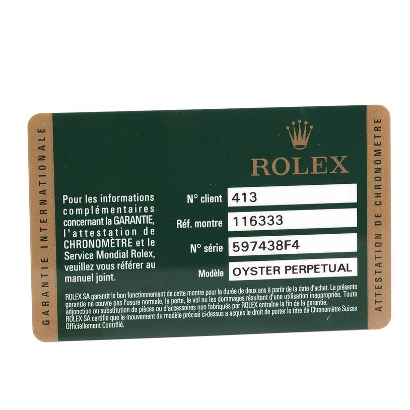 This image shows a warranty card for the Rolex Datejust 41 116333 Men's Steel and Gold (two tone) Grey Dial 116333 Men's Steel and Gold (two tone) Grey Dial watch, featuring model and serial numbers.