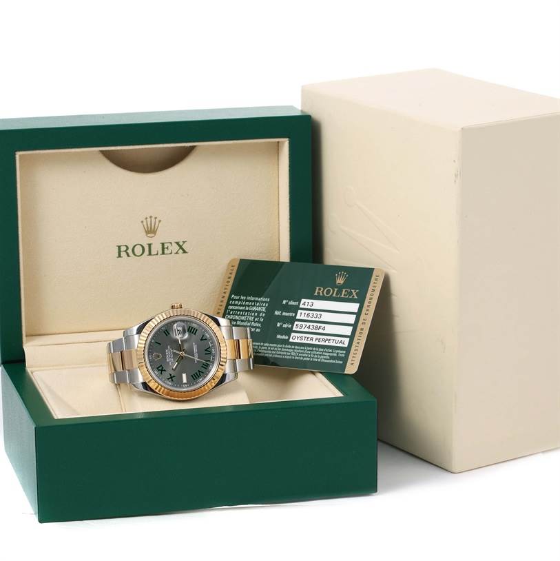 The Rolex Datejust 41 116333 Men's Steel and Gold (two tone) Grey Dial 116333 Men's Steel and Gold (two tone) Grey Dial is shown front-facing in its box with its authenticity card displayed beside it.