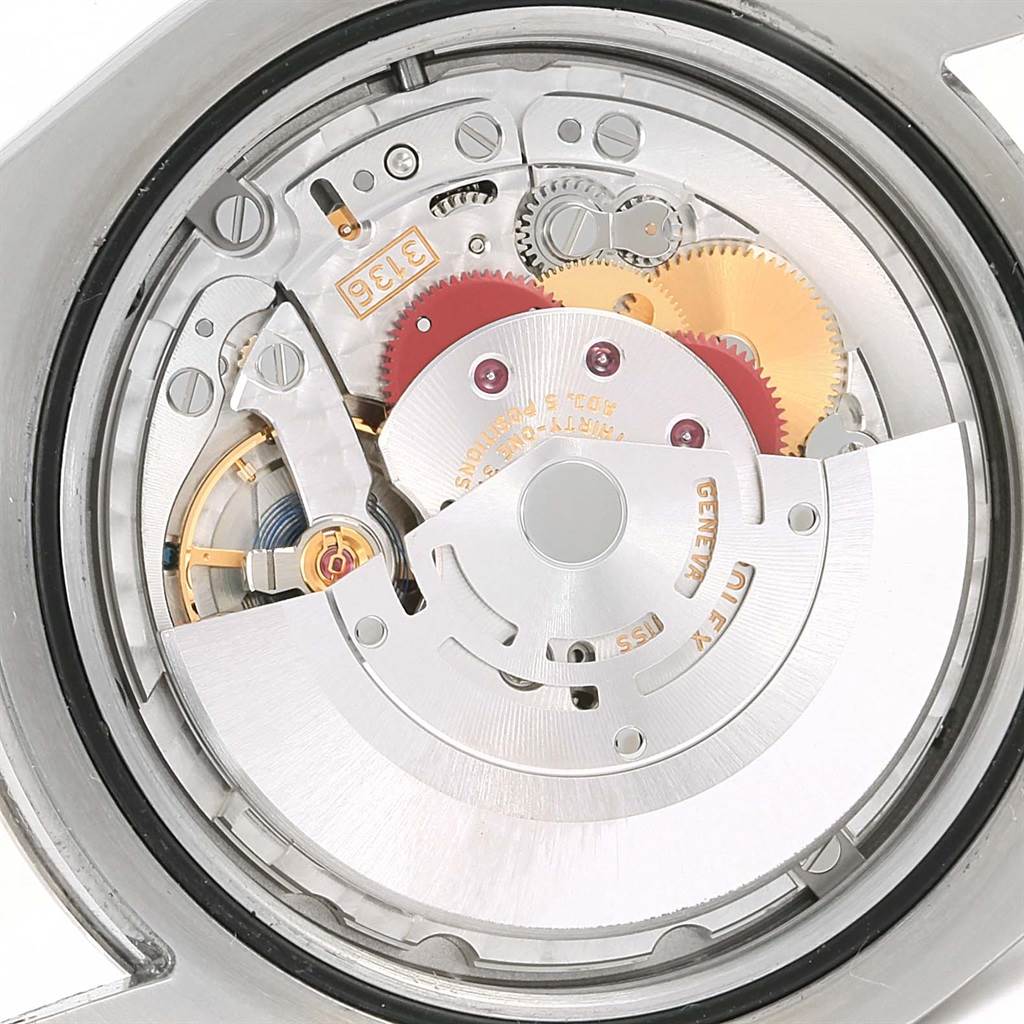 This image shows an angled view of the movement mechanism of the Rolex Datejust 41 116334 Men
s Stainless Steel Black Dial 116334 Men
s Stainless Steel Black Dial watch.