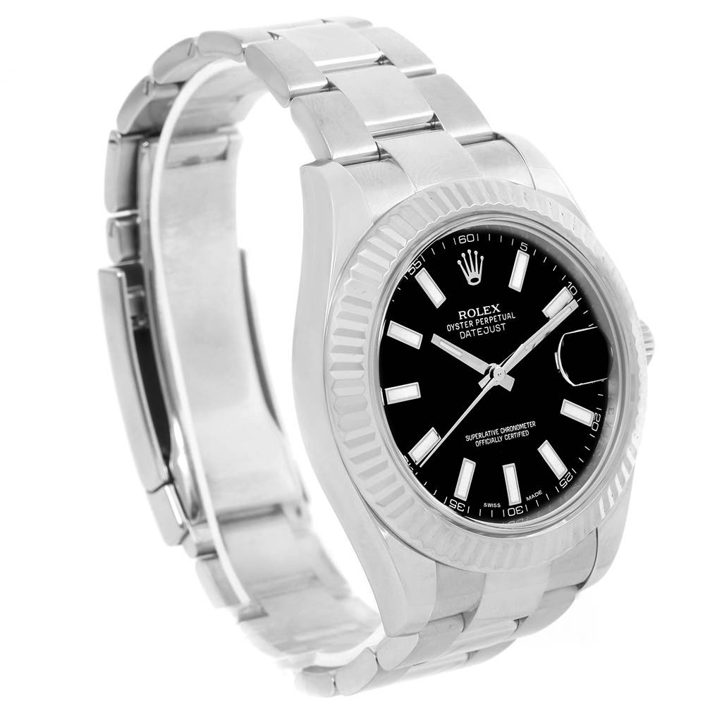 The image shows a Rolex Datejust 41 116334 Men
s Stainless Steel Black Dial 116334 Men
s Stainless Steel Black Dial watch at a three-quarter angle, highlighting the bezel, bracelet, and black dial.