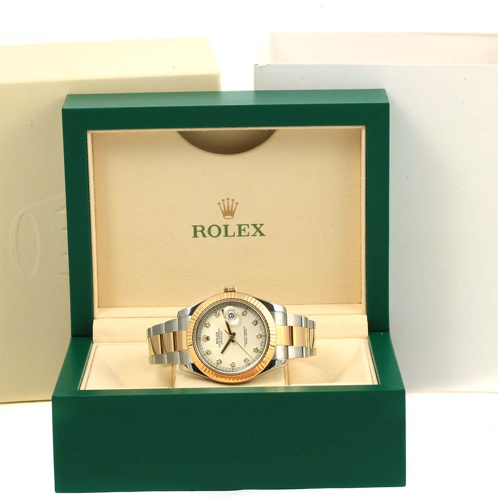 The Rolex Datejust 41 116333 Men's Steel and Gold (two tone) Silver Dial 116333 Men's Steel and Gold (two tone) Silver Dial watch is displayed frontally inside its green branded box.