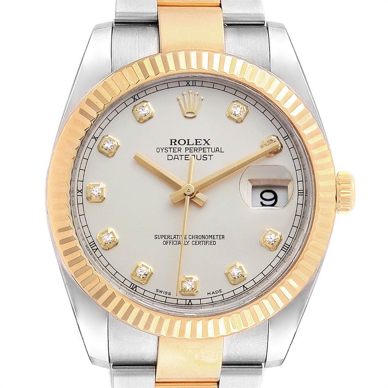 Rolex Datejust II Steel Yellow Gold Silver Diamond Dial Mens Watch 116333 SwissWatchExpo
