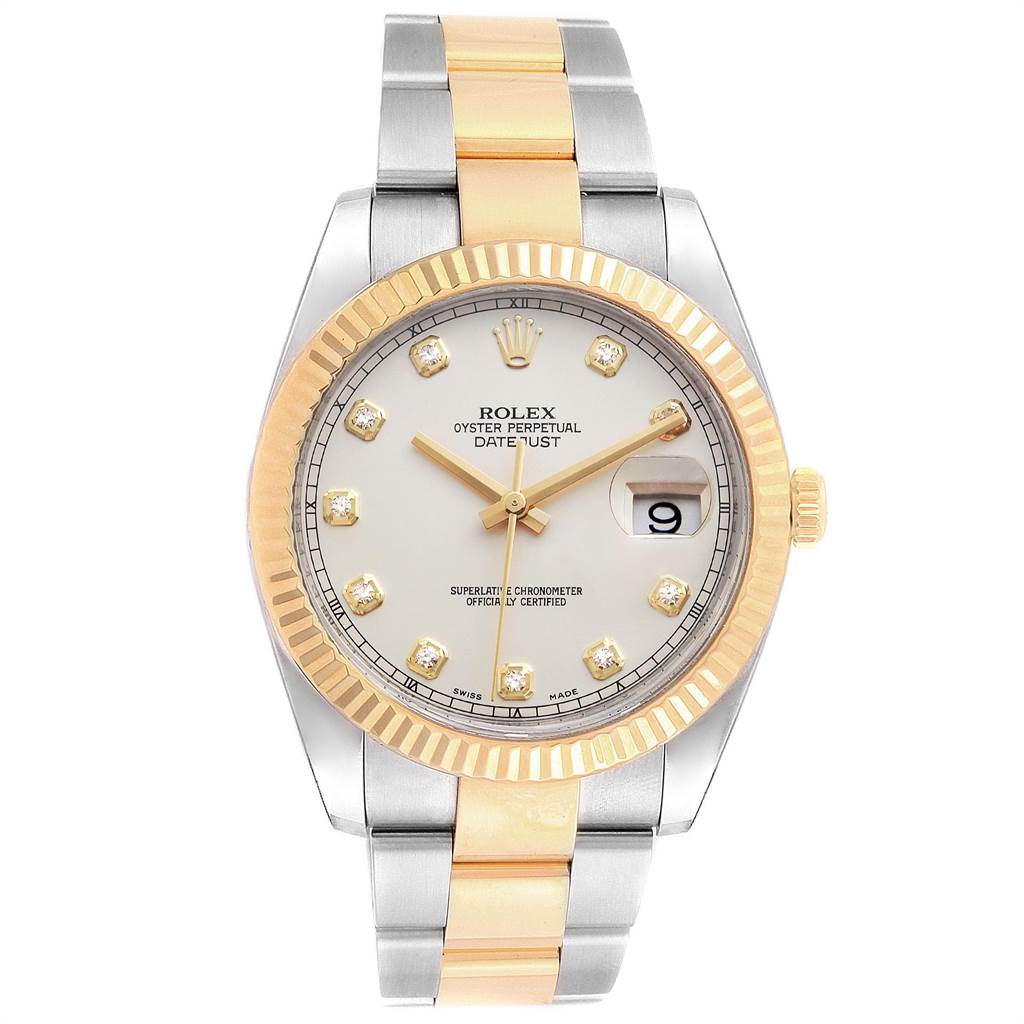 This Rolex Datejust 41 116333 Men's Steel and Gold (two tone) Silver Dial 116333 Men's Steel and Gold (two tone) Silver Dial watch is shown from the front, displaying the dial, bracelet, and bezel.