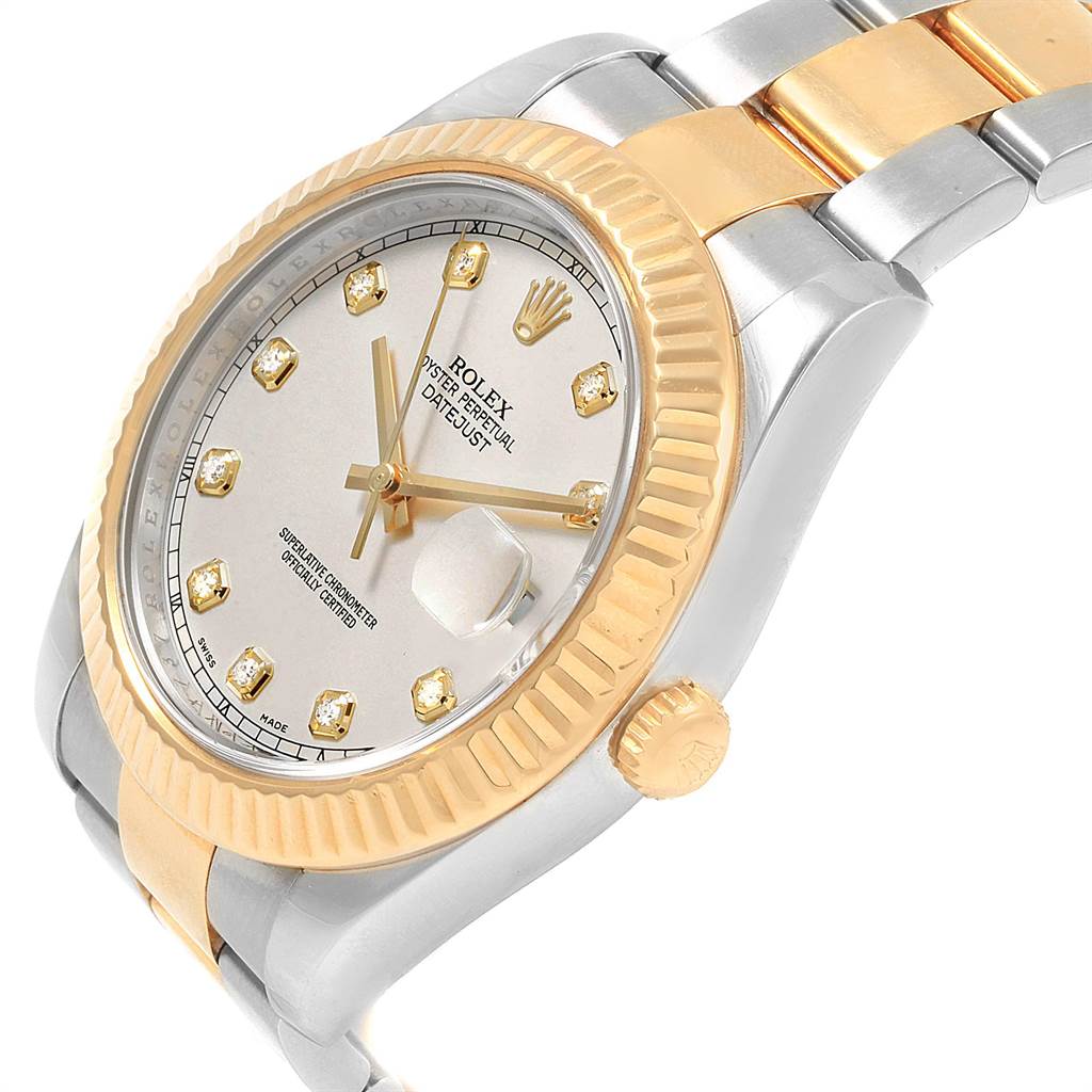 The image shows a Rolex Datejust 41 116333 Men's Steel and Gold (two tone) Silver Dial 116333 Men's Steel and Gold (two tone) Silver Dial watch at an angled view, highlighting its dial, bezel, crown, and part of the bracelet.